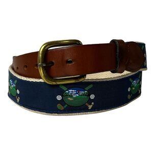 Leather Man Ltd Belt Golf Club Course Essex CT Blue Green Ribbon Brown Brass 34